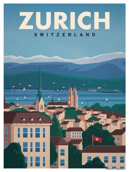 Vintage travel poster of Zurich, Switzerland with the lake and mountains behind the city.