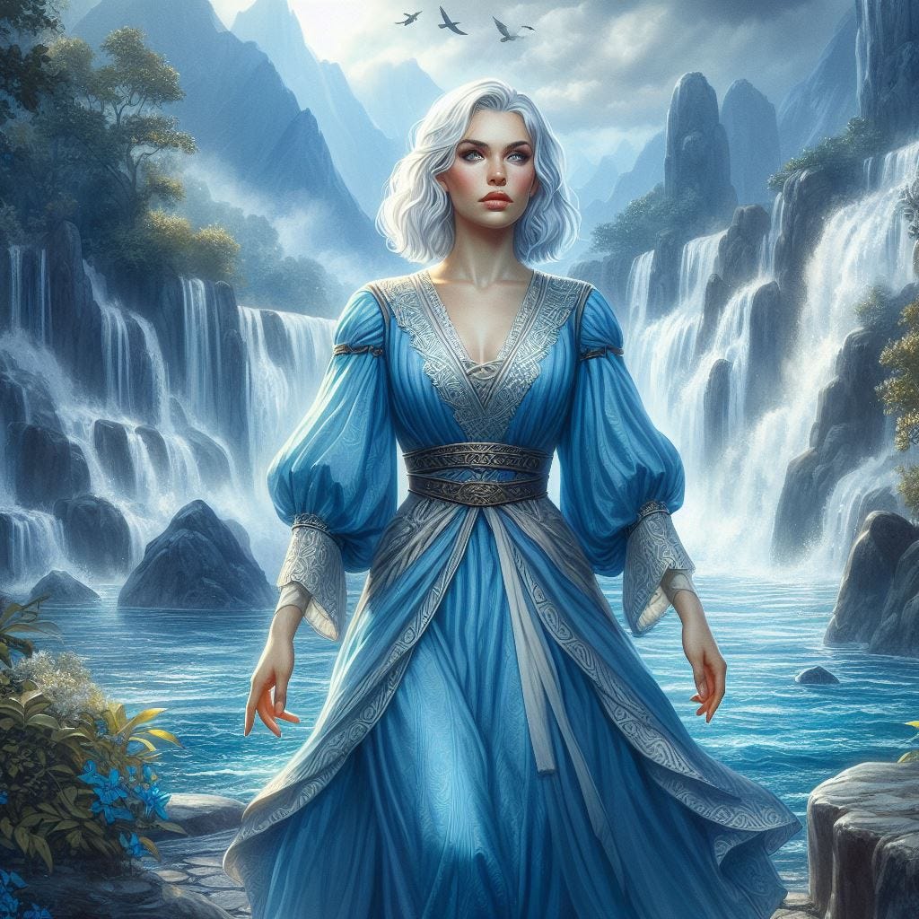 woman, white hair, bright blue short medieval dress, in front of waterfall, dungeons and dragons fantasy drawing