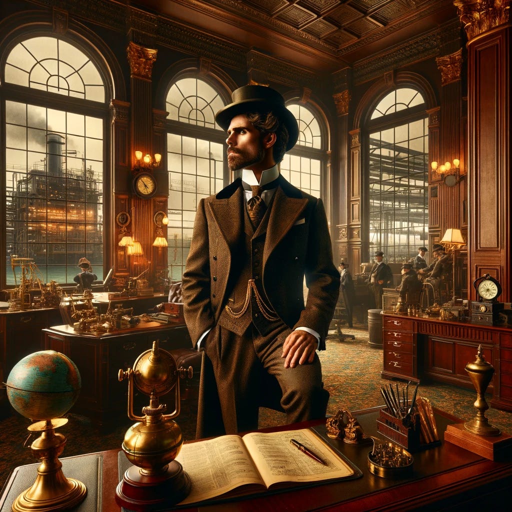 Imagine a scene from the Gilded Age, inside an industrial plant's office. A man, the epitome of an alpha male, stands confidently, embodying both authority and sophistication. He's dressed in a fine suit typical of the late 19th century, complete with a waistcoat, a gold chain for his pocket watch, and a stylish hat indicative of the era. Around him, the office brims with the prosperity of the Gilded Age: rich wood paneling, a brass telescope for surveying the plant, and a globe on a stand. Outside the window, the bustle of the industrial plant is visible, hinting at the era's technological progress and industrial expansion. This man, with a look of determination and vision, surveys his domain, symbolizing the intersection of industry and elegance during this opulent period.