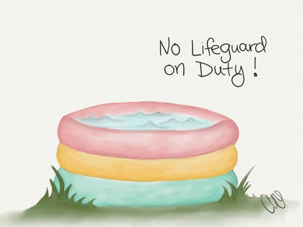 "No Lifeguard on Duty!" a small inflatable back yard pool.