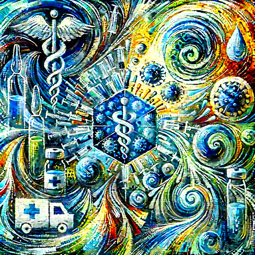 An abstract, vibrant oil painting inspired by the themes of vaccination and informed consent. Incorporate symbolic elements, such as a protective barrier or shield, surrounded by swirling shapes that represent the flow of information and knowledge. Use contrasting colors, like blues, greens, and yellows, to depict the dual nature of risk and protection. Include abstract forms suggesting freedom, caution, and the choice in decision-making. The overall mood should convey a sense of empowerment and thoughtful deliberation. Avoid including humans or text in the image.