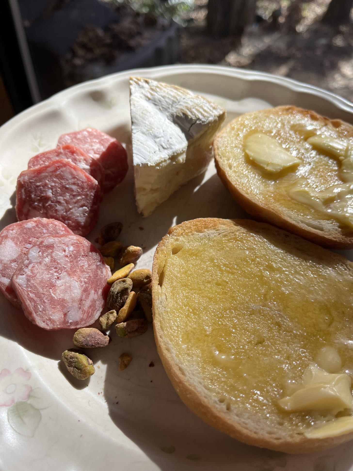 salami, pistachios, brie, and homemade sourdough bagels with grassfed butter
