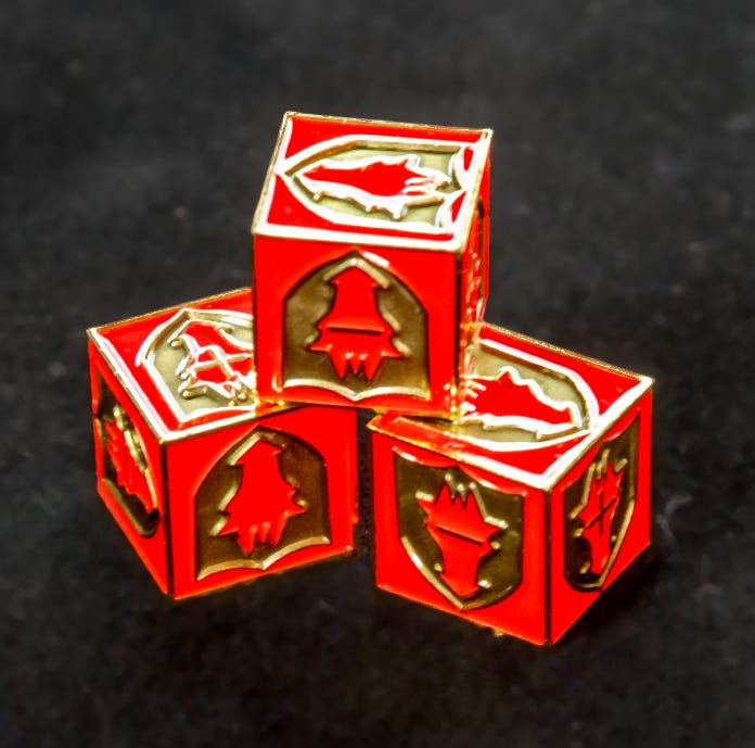 Red and gold dragon head crest fate dice