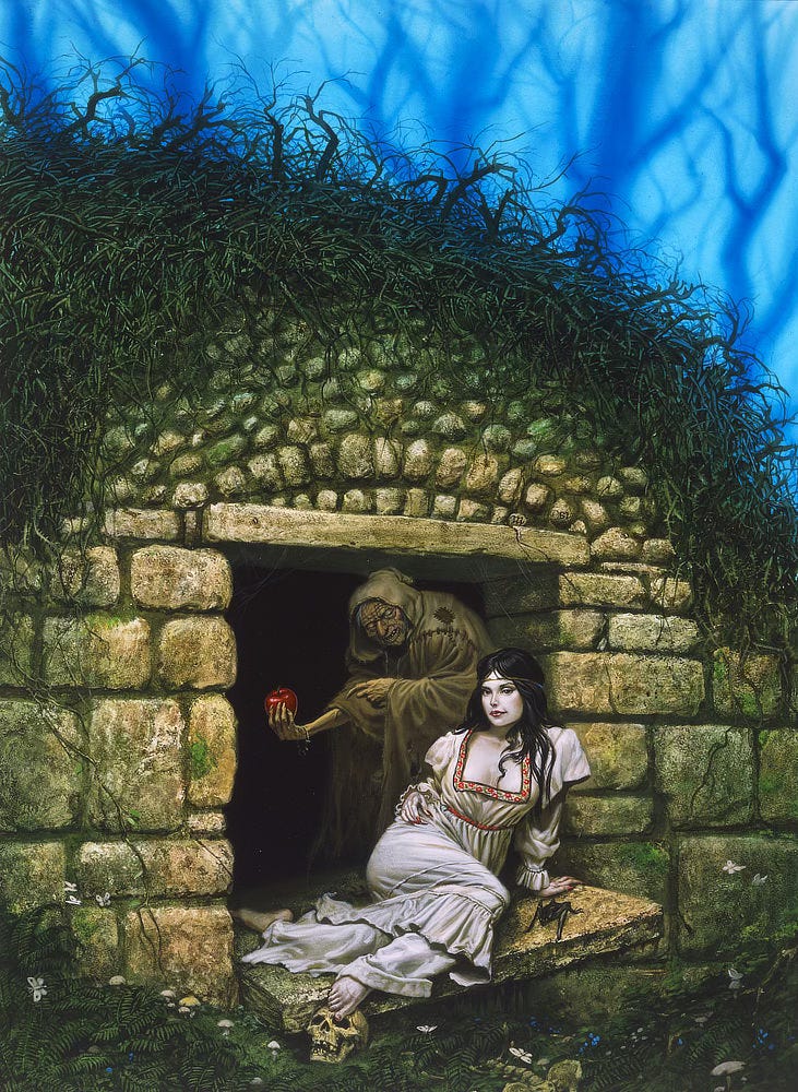 A ghastly pale woman with raven hair and blood red lips reclines lazily on the stone stoop at the entrance to a cottage. Behind her a hag proffers a perfect red apple. The stones wall is weathered and mossy green. The roof is an arch of overgrown branches. Weight resting on one hip, the woman props herself up with arm extended. Embroidered with red flowers, the square neckline of her simple white dress plunges deeply, exposing the hint of her areolae. As she rests back with legs atangle, her big toe teases the eye socket of a skull set in the lush green vegetation on the ground.