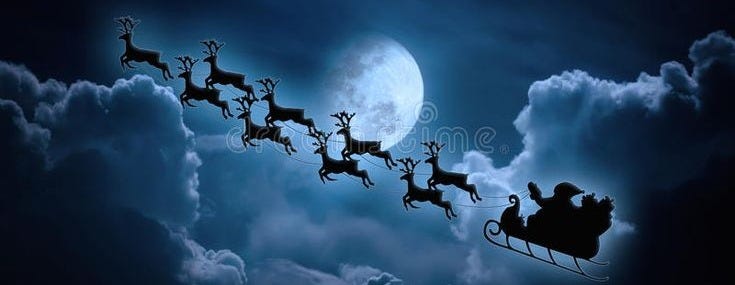 Christmas Background. Silhouette of Santa Claus Flying on a Sleigh Pulled  by Reindeer. Stock Image - Image of black, dark: 93422189