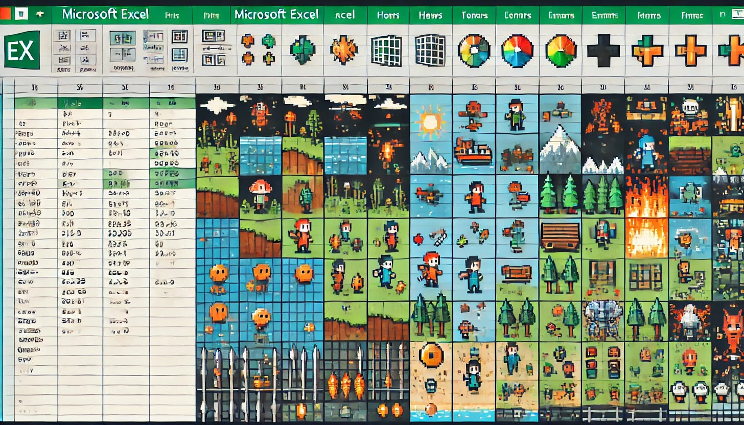 A ChatGPT generated image of excel where the right hand side of the screen is various video game-esque panels and sprites, all with the grid of excel in the background.