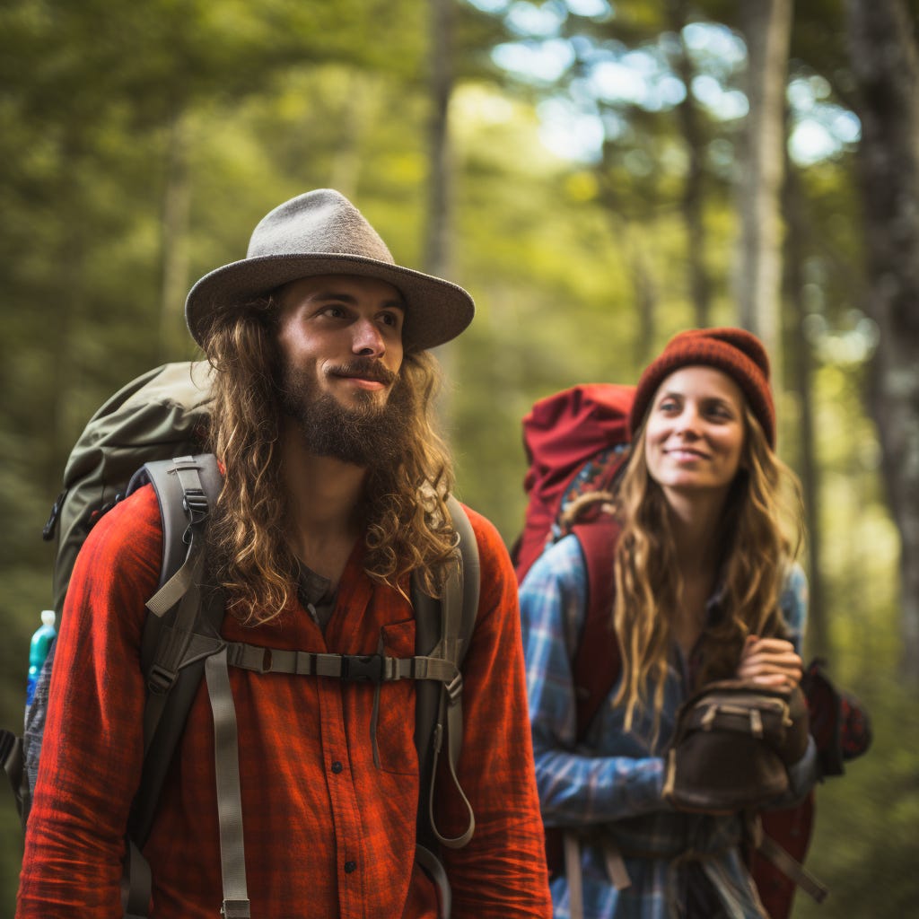 A Granola Couple Decked in Granola Gear and Hiking Equipment on the Trail. The man sports a beard and long hair and has a wide brimmed felt hat.