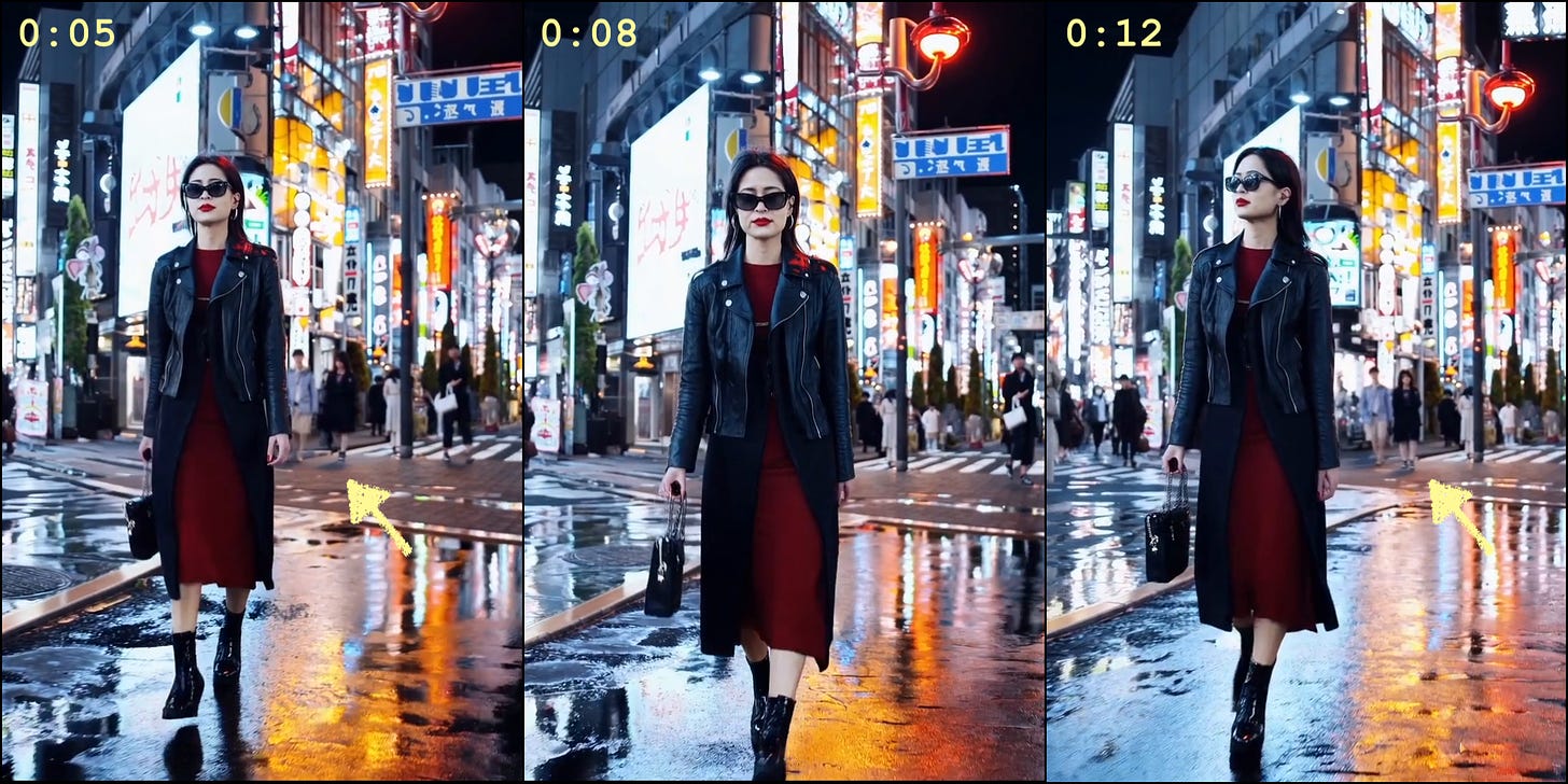 three frames of an AI-generated video of a person walking with pedestrians in the background