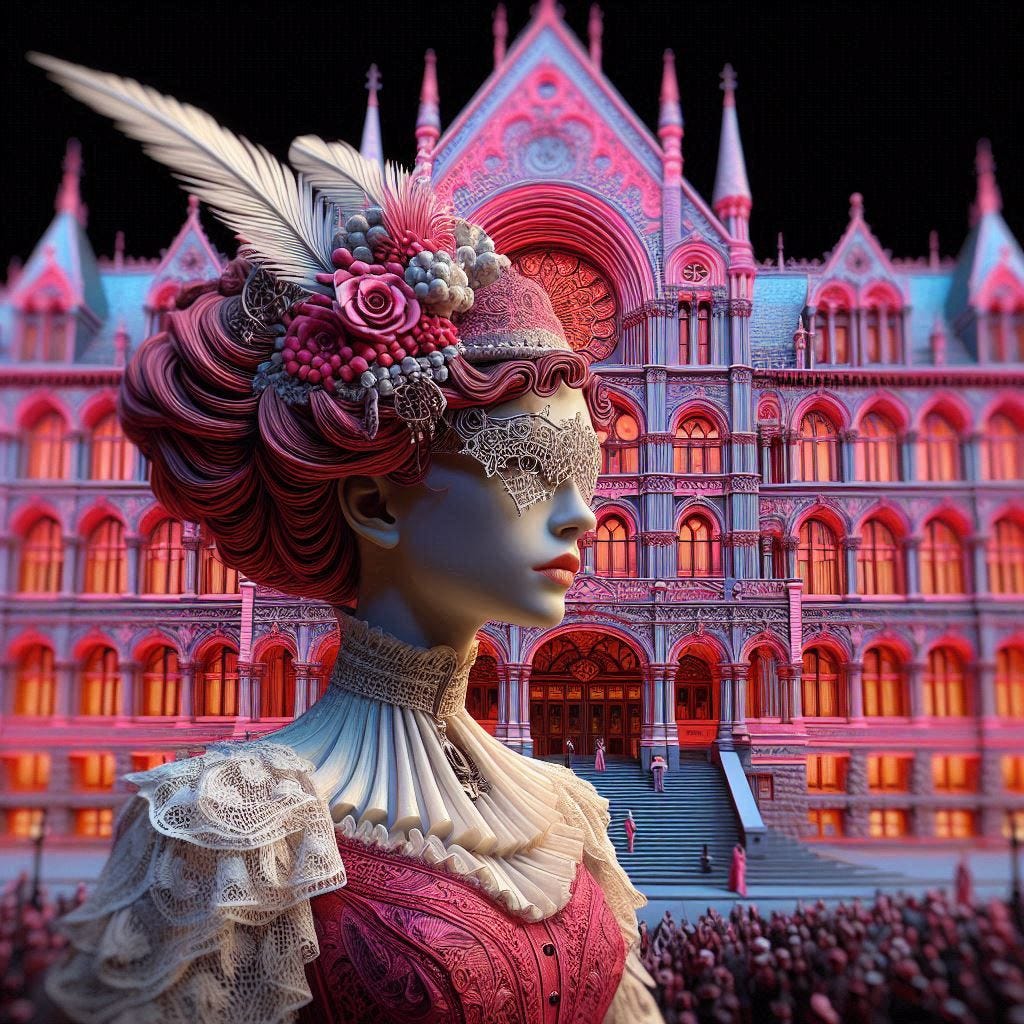 hyper realistic tiltshift 5d angle glass embedded RED Altgeld hall building with neon pink, tint of pink and cream, and olive oil in it / woman wearing red,pink,midnightblue, white Victorian bust / white feather scarf/ psychadelic steampunk headdress/water in resin/soft, beautiful/ honey-wood and copper/ Marquetry, verdigris./ standing on stage/ people dancing in distance/ In the style of Michael Parkes. black etching/ black linework/ white tiger / black sky 