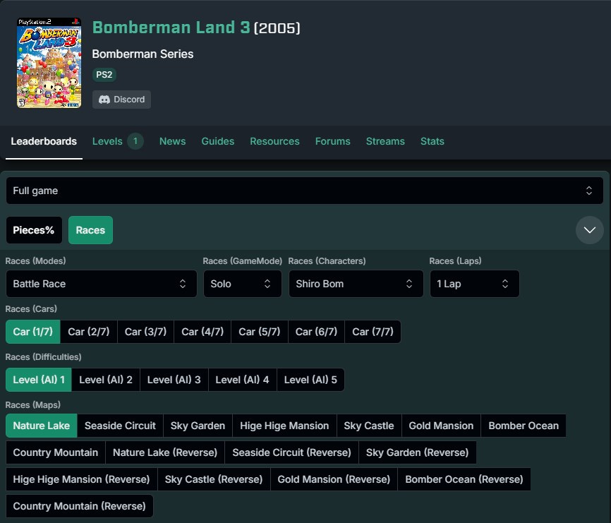 A screenshot of the speedrun.com page for Bomberman Land 3. The "Races" category is shown, with a large amount of subcategories below it.