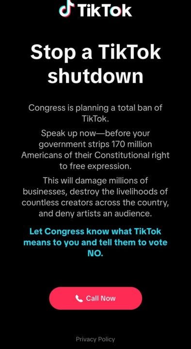 A screenshot from TikTok to users urging them to call Congress and ask them to vote no on the proposed "TikTok Ban"