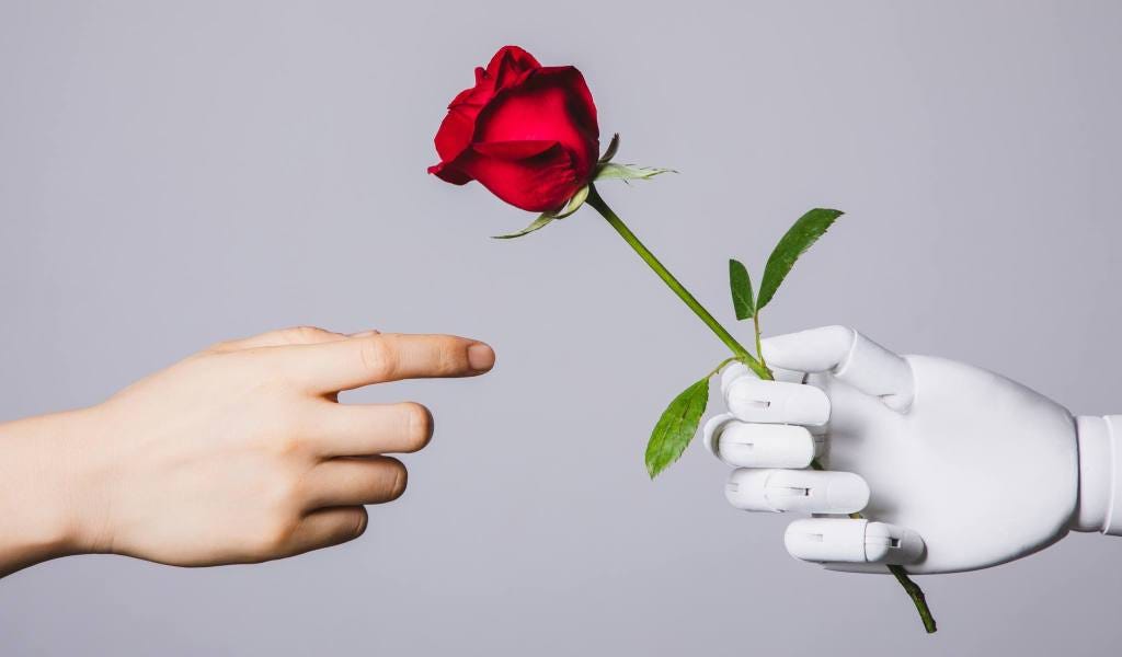 human hand reaching for red rose in robotic hand