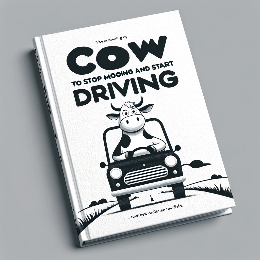 A modern and minimalist monochrome book cover for 'Cow to Stop Mooing and Start Driving'. The design features a whimsical illustration of a cow named Dale, sitting confidently behind the wheel of a car, symbolizing the start of an adventurous road trip. The cow's expression conveys determination and joy, emphasizing the theme of seeking new experiences beyond the familiar fields. The car is stylized and simplified, with clean lines that match the minimalist aesthetic. The background is kept simple, perhaps suggesting a road stretching into the horizon, to focus on the cow's decision to embark on a journey of discovery. The title and author's name are displayed in a playful, yet modern, sans-serif font that complements the book's target audience and humorous tone.
