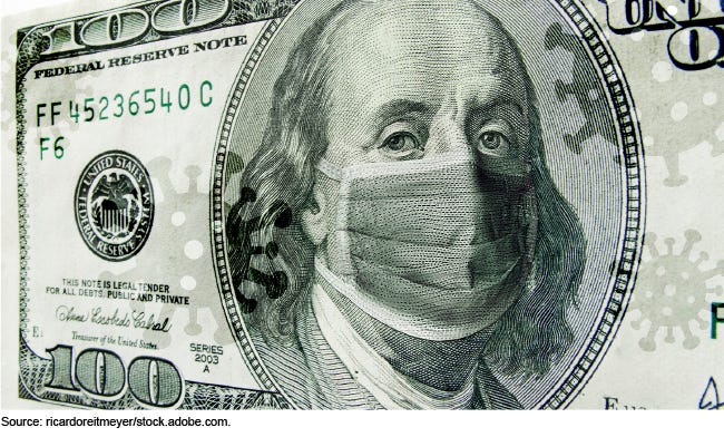 A close-up image of a 100 dollar bill showing Benjamin Franklin wearing a disposable face mask. 