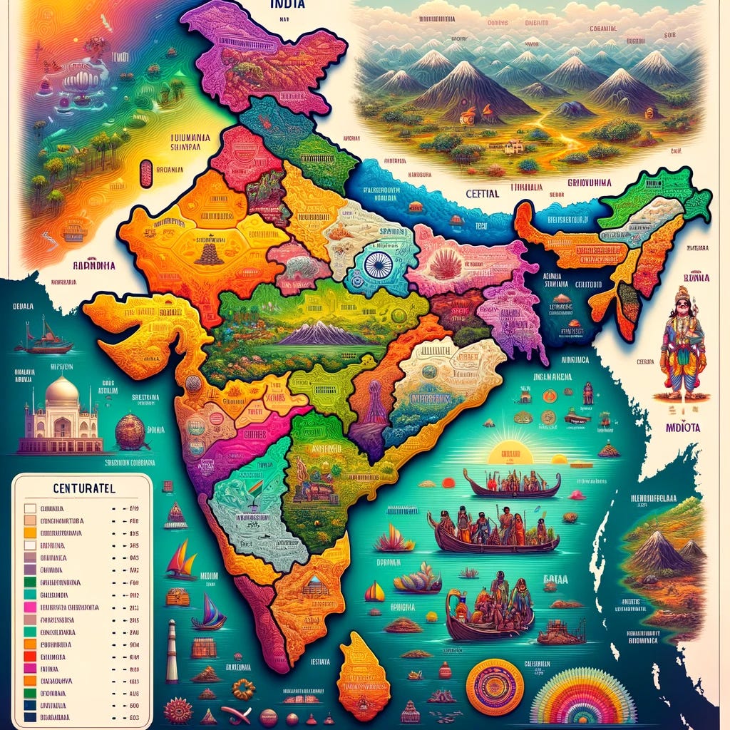 A colorful and detailed map of India showcasing its diversity. The map should be divided into regions with distinct colors, each representing different languages spoken, such as Hindi, Bengali, Telugu, and Tamil. The geographical diversity should be depicted through symbols or icons, like mountains for the Himalayas, beaches for coastal areas, and plains for central regions. Additionally, use gradients or varying shades to indicate areas of different income levels, with darker shades for higher income regions and lighter for lower income areas. Include key landmarks and cultural symbols, ensuring a visually rich and informative map.