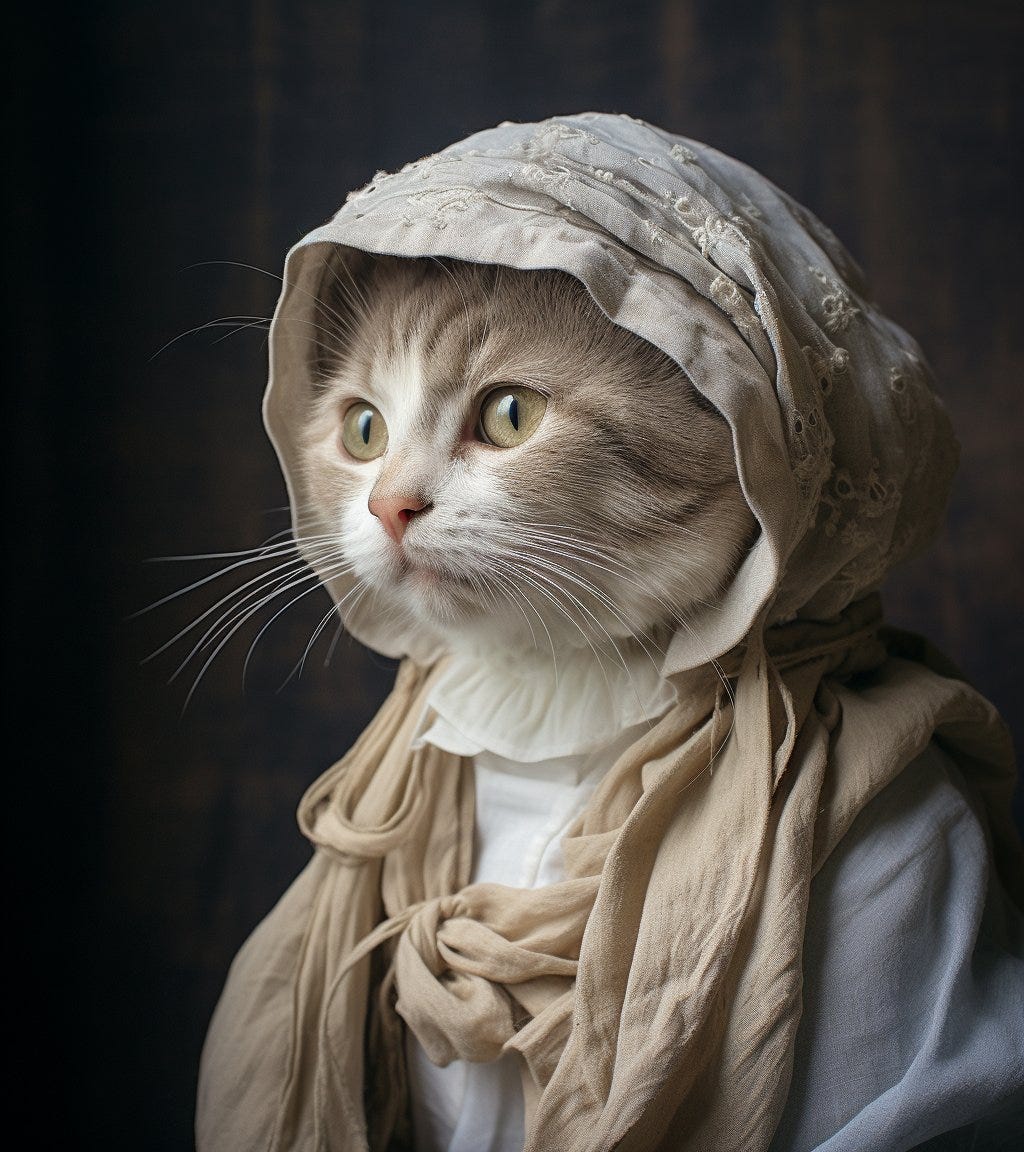 Midjourney v5.2 --style raw

Universal Prompt:
portrait of a cat in the 16th century, everyday life, artistic pose, loose linen dresses, woolen kirtles, linen caps, minimal, movie still