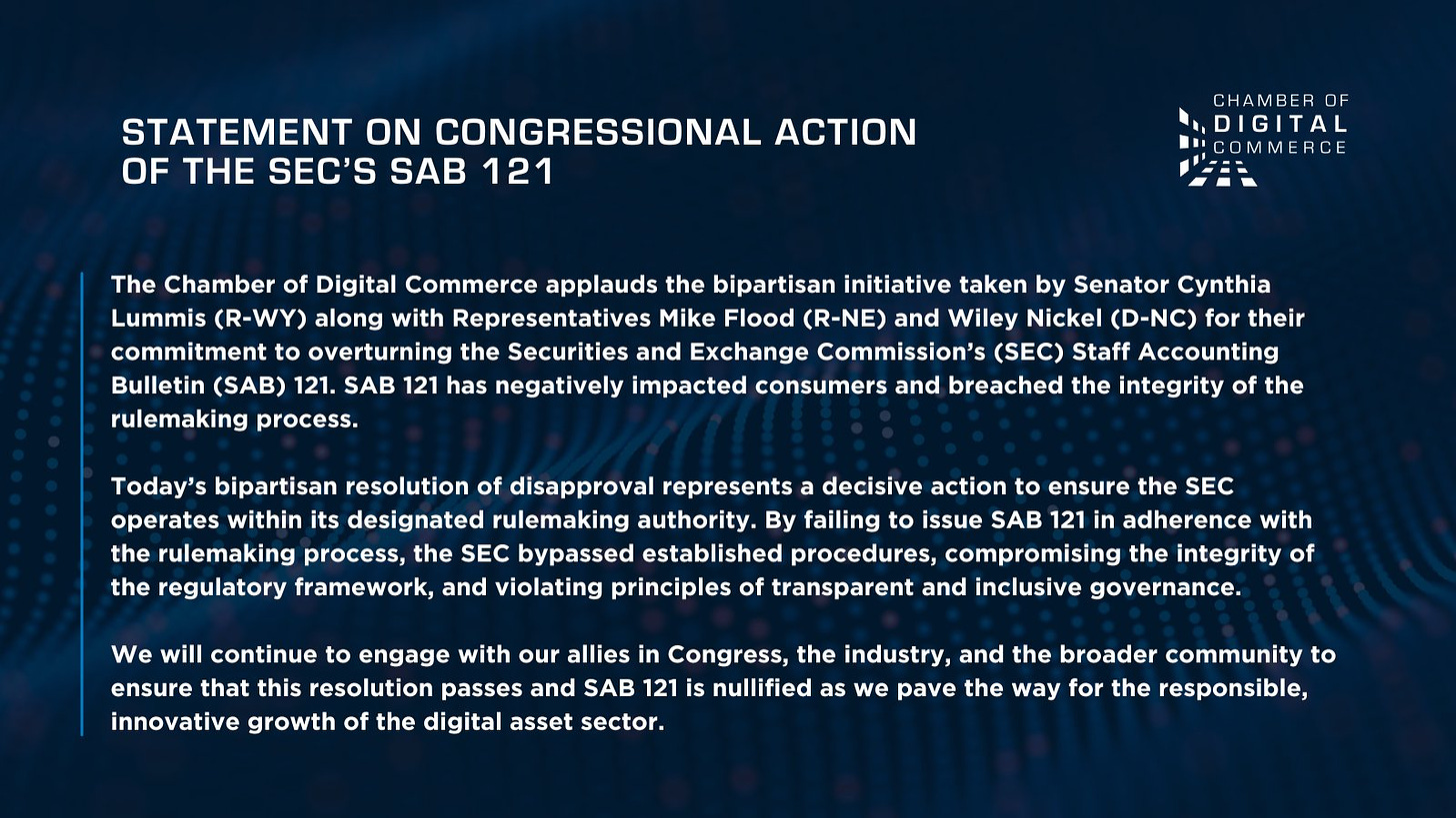 The Digital Chamber on X: ".@DigitalChamber applauds @SenLummis along with  Reps @RepWileyNickel and @USRepMikeFlood for introducing a resolution to  nullify the SEC's SAB 121, championing consumer protection and fair  rulemaking. Read our