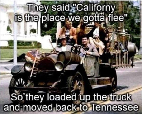 May be an image of 3 people, outdoors and text that says 'They said "Californy is the place we gotta flee" So they loaded up the truck and moved backto Tennessee'