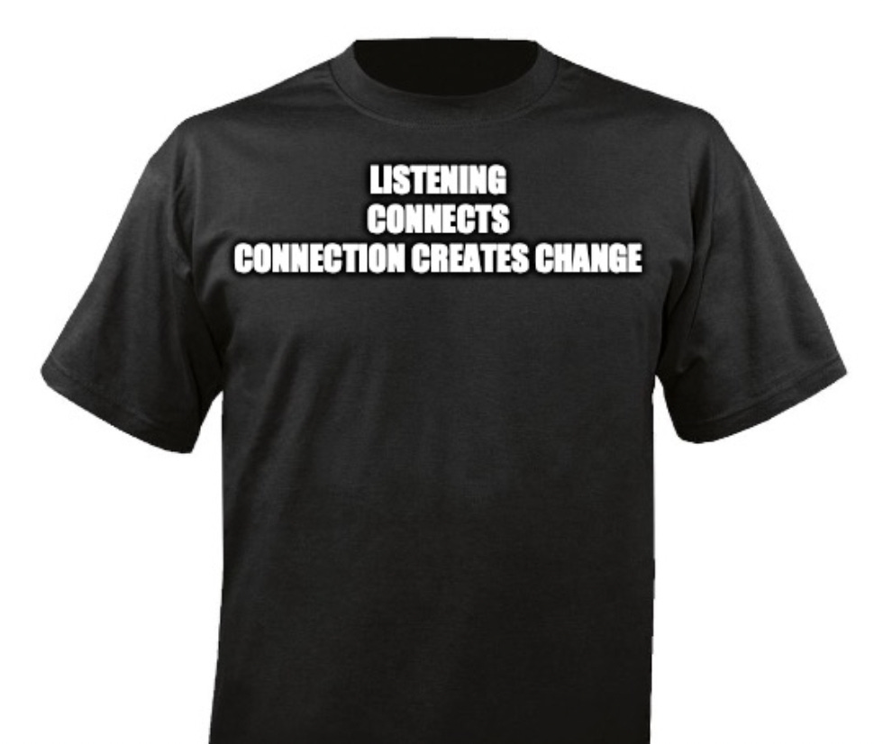 A black t-shirt with white text

Description automatically generated