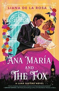 the cover of Ana Maria and the Fox, showing a man in a black suit kissing a woman in an off shoulder pink gown