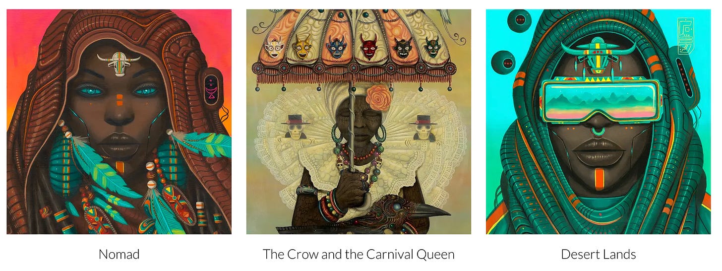 3 thumbnails of Afrofuturist artwork by Paul Lewin