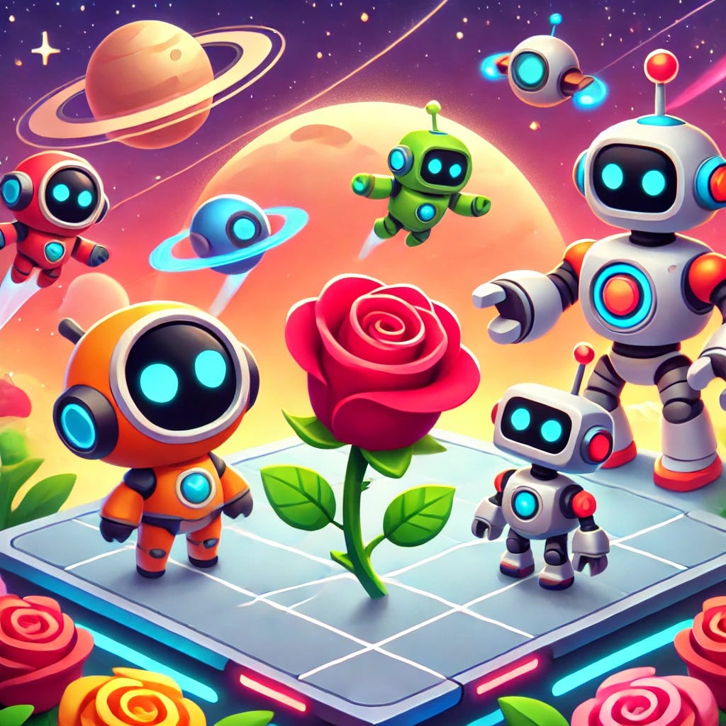 In a futuristic, colorful world featuring robots from the game Astro Bot, add a single rose. The rose should be clearly visible, integrated into the scene with the robots, and fit naturally with the playful, sci-fi atmosphere. The robots are cute and engaging, some flying, some fighting. Planets and stars can be seen in the background.