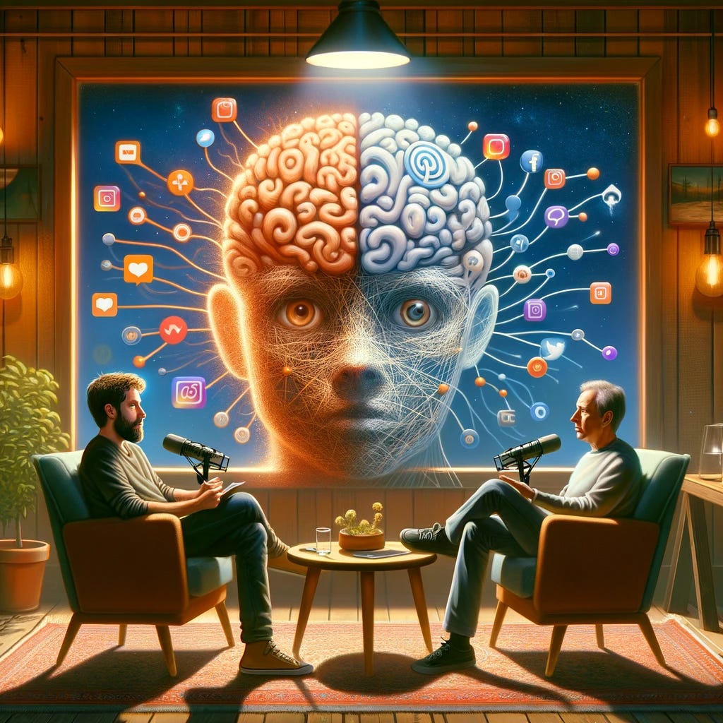 An artistic representation of the podcast conversation between Ezra Klein and PJ Vogt, focusing on the impact of social media on human thought and behavior. The scene is a cozy podcast studio with Klein and Vogt sitting across from each other, deeply engaged in conversation. Behind them, a large screen displays abstract symbols of various social media platforms (like Twitter and Instagram icons), transforming into human brain neurons, illustrating how these platforms influence and reshape human thoughts and interactions. The room is warmly lit, emphasizing a thoughtful and introspective atmosphere.