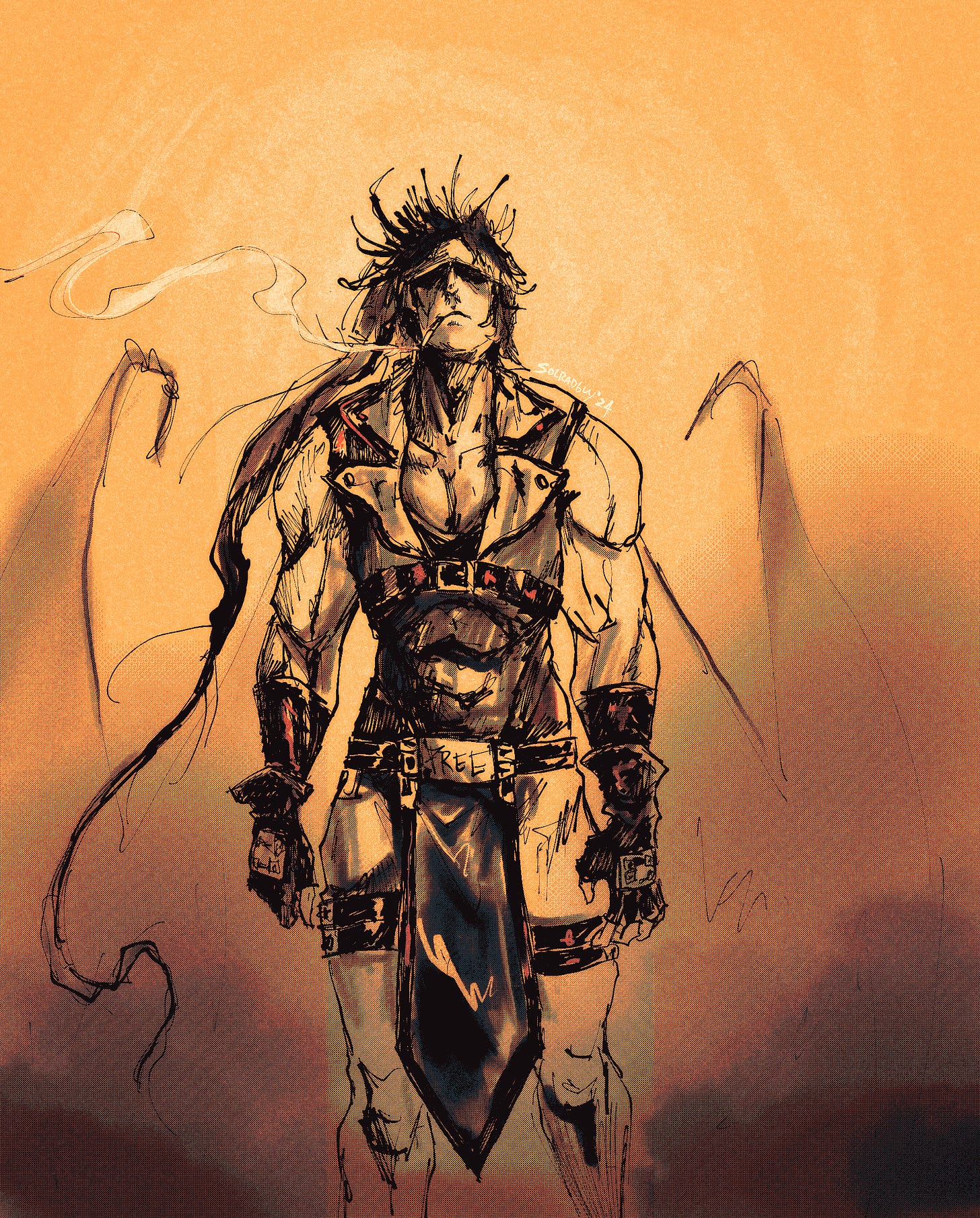 Sol rendered with loose lines and heavy texture with an overall orange, brown, and black composition. He's facing the viewer and looking upwards, cigarette in mouth. Wings behind him faintly emerge from the clouds or fog.