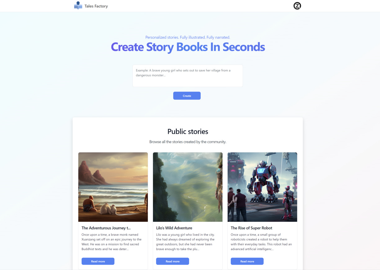 Tales Factory creates fully illustrated storybooks in seconds using artificial intelligence. Homepage screenshot