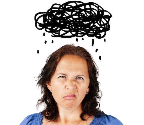 grumpy woman with black raincloud over her head