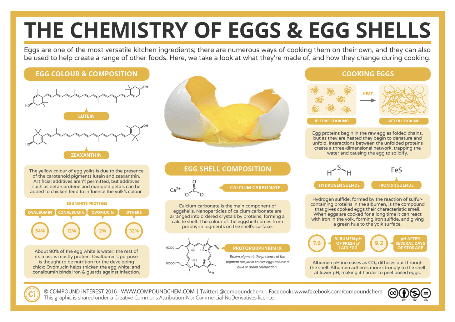 Infographic on the chemistry of eggs and egg shells, highlighting the carotenoids that give egg yolks their colour, the brown oocyanin pigment that makes some eggshells brown, how egg proteins are denatured by cooking, and sulfur compounds produced by cooking eggs.