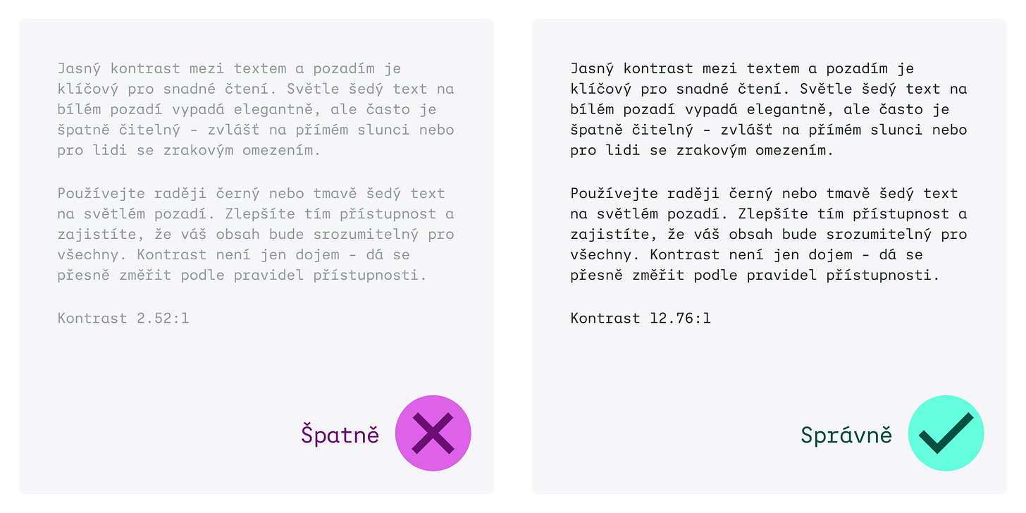 Ukázka k designerskému tipu. Vlevo a špatně je text, který má malý kontrast proti pozadí. Vpravo a správně je text s vysokým kontrastem. Ukázka k designerskému tipu. Vlevo a špatně je text, který má malý kontrast proti pozadí. Vpravo a správně je text s vysokým kontrastem.