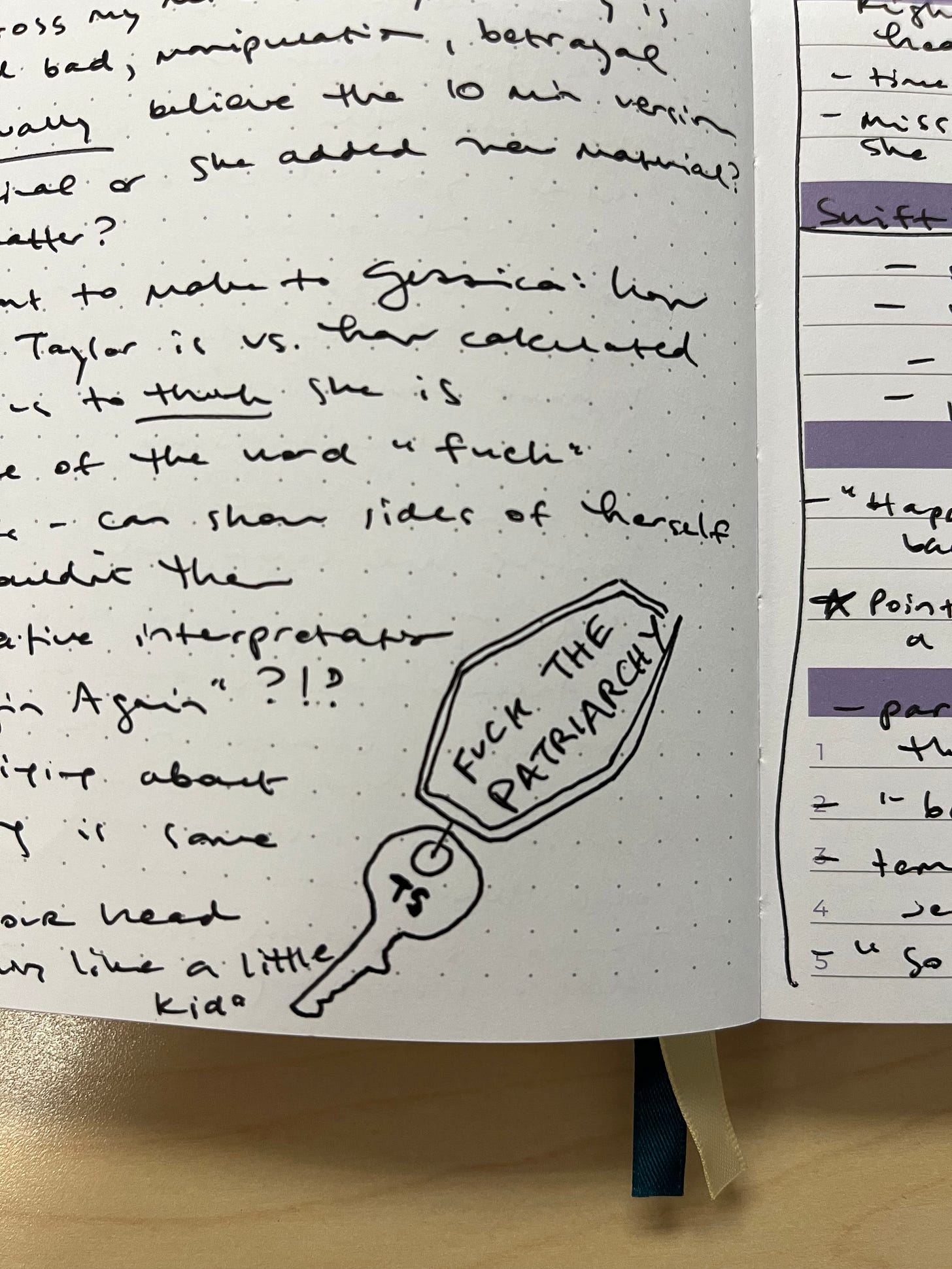 Page from my notebook with notes about Taylor Swift class and then a drawing of a keychain that says "Fuck the Patriarchy" with a key attached to it.