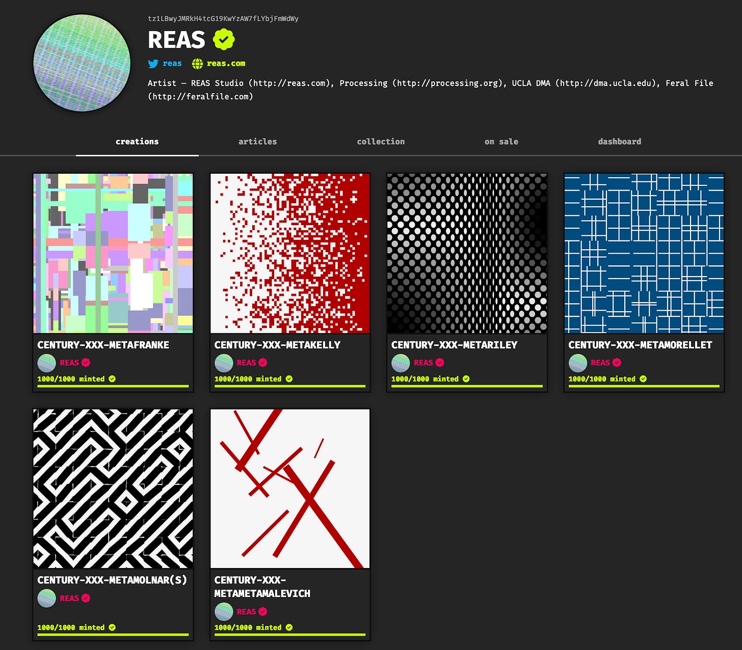 Casey Reas has released five 1k edition collections on fxhash.