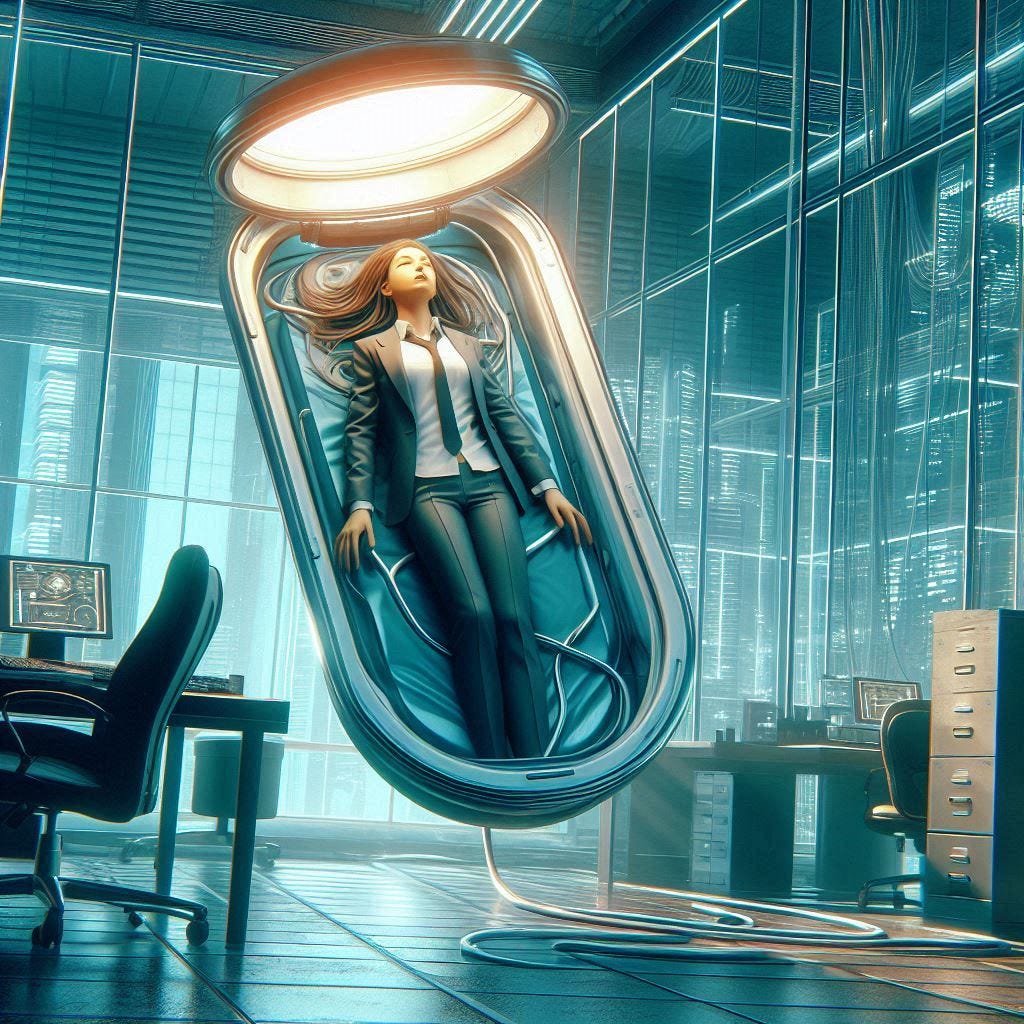 office woman waking up from hibernation pod in indoor hall, cyberpunk aesthetics, digital drawing