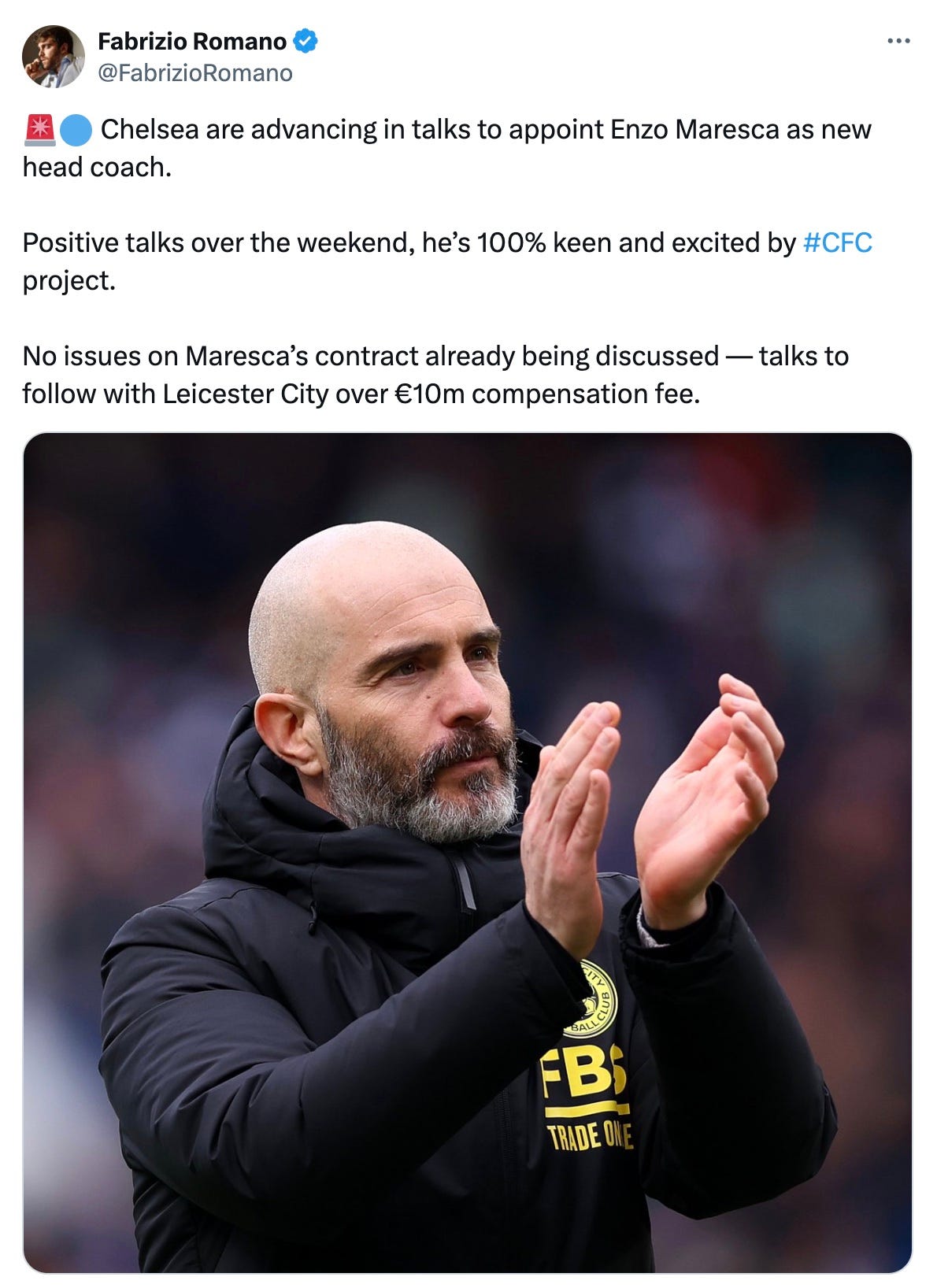 A tweet by Fabrizio Romano about Chelsea holding talks with Enzo Maresca