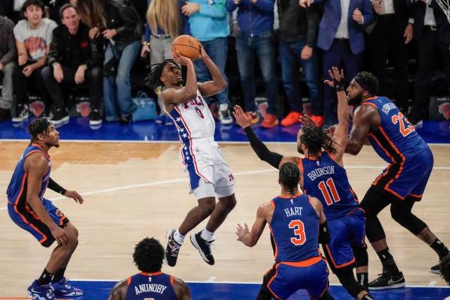 Tyrese Maxey saves Sixers from elimination with huge finish in OT win that  cuts Knicks' lead to 3-2 - Yahoo Sports