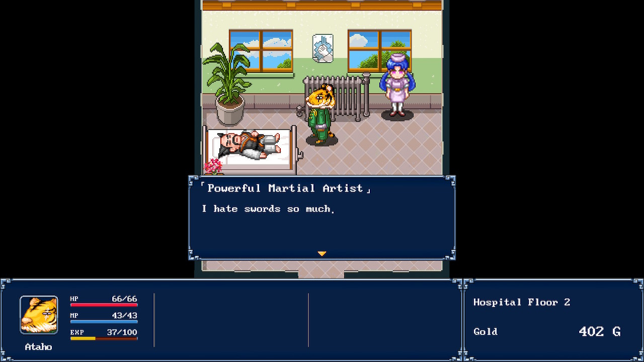 A screenshot from Gensei Suikoden, featuring Ataho visiting a hospital room. On the bed is Definitely Not Mishima from Tekken, saying, "I hate swords so much." while being credited as "Powerful Martial Artist"
