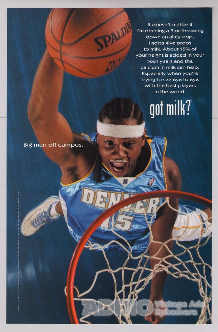 CARMELO ANTHONY fikk melk PRINT AD basketballannonse Denver Nuggets 2004