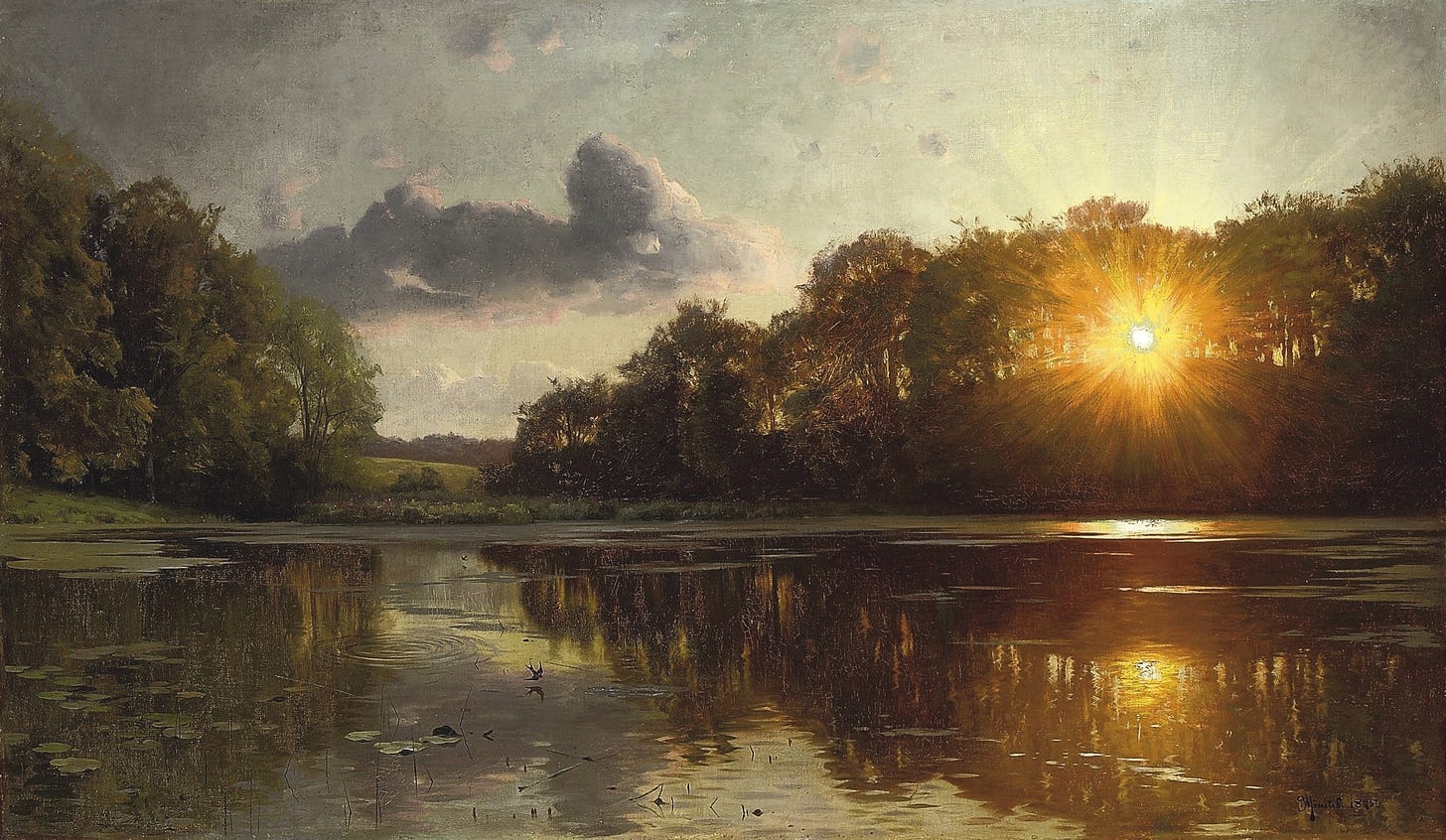 File:Peder Mønsted - Sunset over a forest lake.jpg - Wikimedia Commons