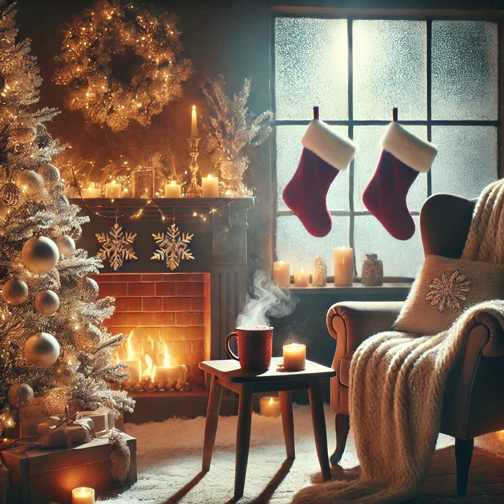 A peaceful Christmas scene in a cozy living room with a decorated tree in soft white and gold tones, stockings hanging over a glowing fireplace, and a comfortable armchair with a fluffy blanket. A mug of steaming cocoa rests on a small wooden table nearby, with gentle snowfall visible through a frosted window. The lighting is warm and ambient, creating a serene and inviting holiday atmosphere.