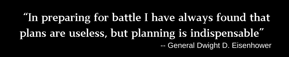 Quote with white text on black background: "In preparing for battle, I have always found that plans are useless but planning is indispensable."