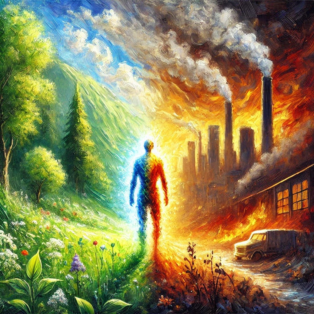 An impressionist oil painting style image depicting the theme of human adaptability and resilience. The scene shows a figure standing strong in a contrasting environment, half representing a lush, healthy natural landscape and the other half depicting an industrial, toxic urban setting with smoke and pollution. The figure symbolizes resilience, glowing with vibrant colors, blending naturally into both environments. The image conveys themes of strength, adaptability, and the struggle between natural health and industrial influence. The style should be reminiscent of impressionist oil paintings, with visible brush strokes and a soft, dreamlike quality.