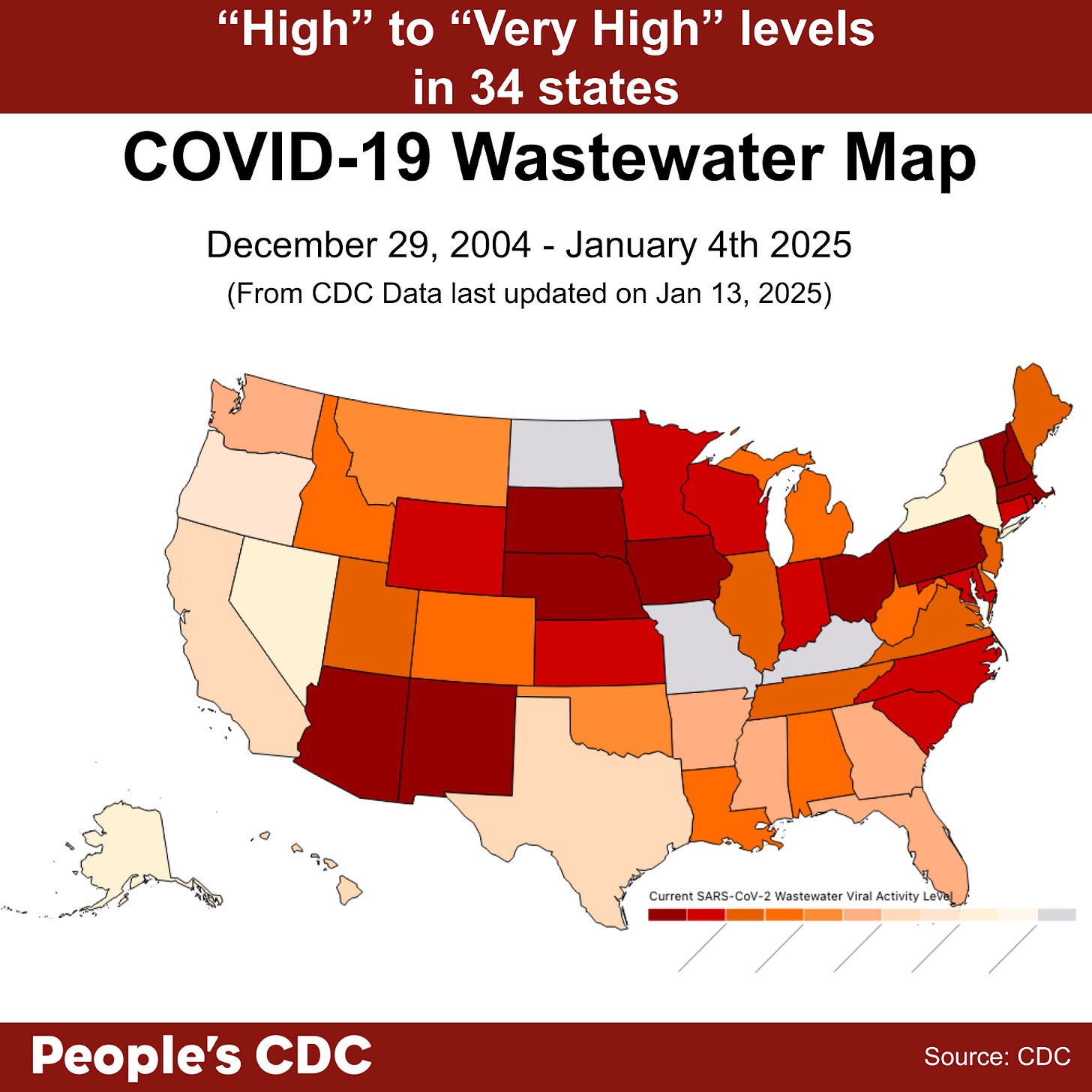 A map of the United States color-coded in shades of maroon, orange, and gray displaying SARS-CoV-2 Wastewater Viral Activity level from the dates December 29, 2024 through January 4, 2024 using CDC data updated on January 13, 2025. Deeper tones correlate to higher viral activity and gray indicates “Insufficient,” or “No Data.” Text above the map reads “High” to “Very High” level in 34 states. There is no data for Guam, Kentucky, Missouri, North Dakota, and the U.S. Virgin Islands. At the bottom, the text reads People’s CDC. Source: CDC.