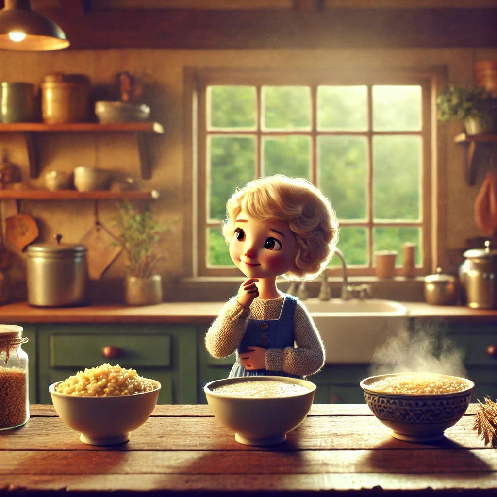 Goldilocks standing in front of three bowls of porridge on a wooden table in a cozy cottage kitchen. The porridge on the left appears slightly underwhelming without ice cubes, indicating it's too cold but subtly. The porridge on the right has steam rising from it, showing it's too hot. The bowl in the middle looks perfect with a golden glow, symbolizing it's just right. Goldilocks looks thoughtful as she decides which porridge to eat. The kitchen background is rustic with wooden cabinets, a window showing green trees outside, and a warm atmosphere. Soft natural lighting enhances the cozy scene.