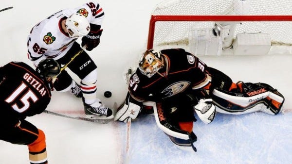 Frederik Andersen fighting off goals  for ducks vs blackhawks stanley cup playoffs 2015