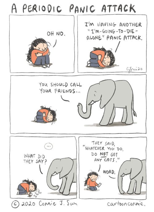 panic attack, single life, humor, comics, connie sun, elephant comic, cartoonconnie