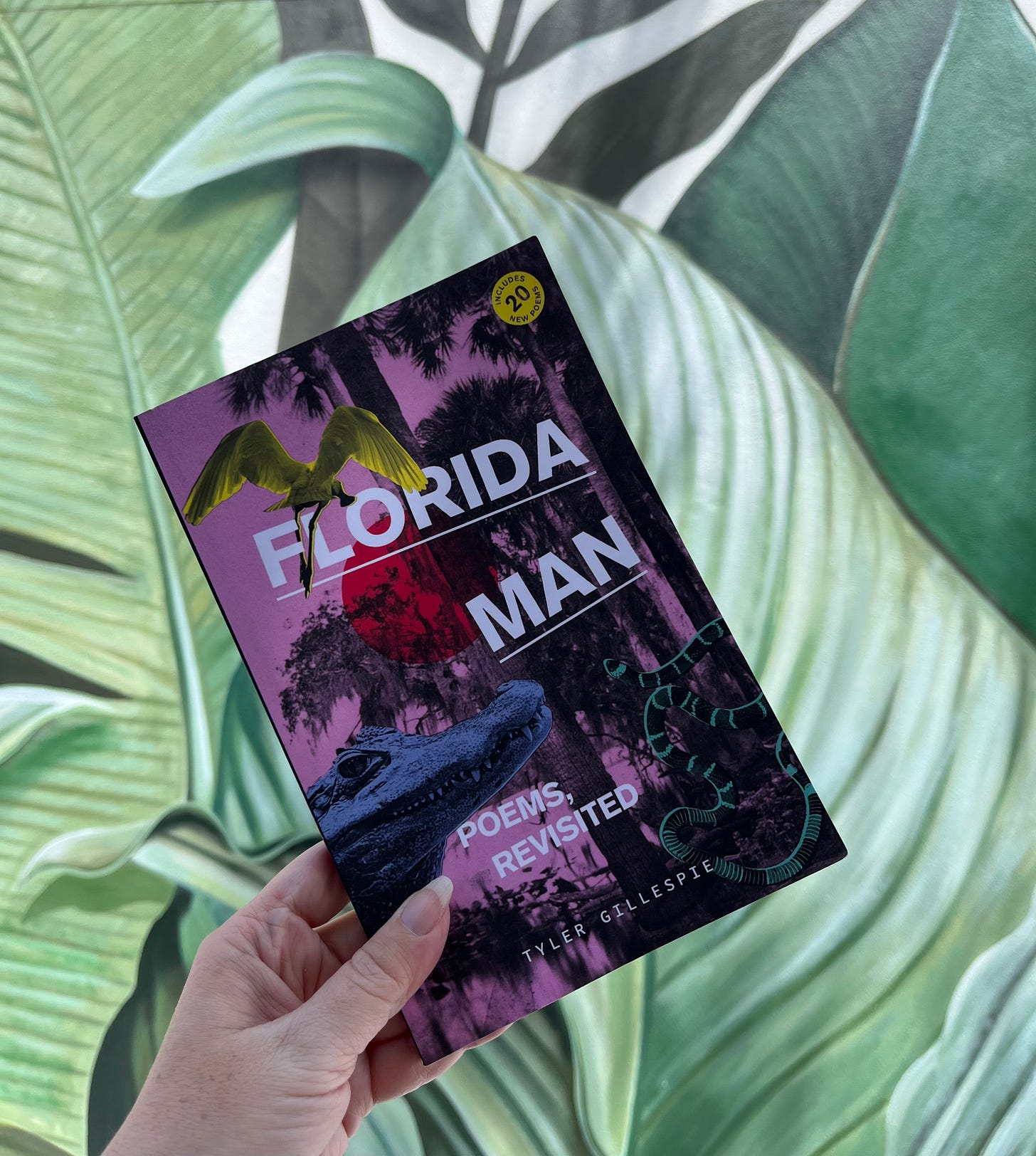 My hand holding up a copy of Florida Man, a poetry collection by Tyler Gillespie, that has a pink cover with a collage of various Florida imagery like palm trees, a bird, a gator, etc.