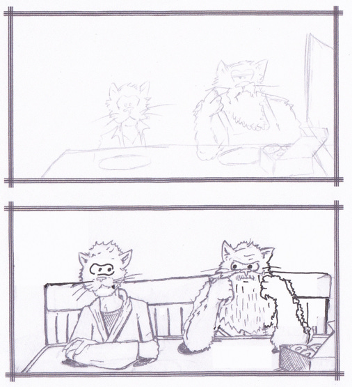 Two panel comics grid, stacked vertically. In the top, a rough sketch of cats. In the bottom a much more detailed version of the same image.