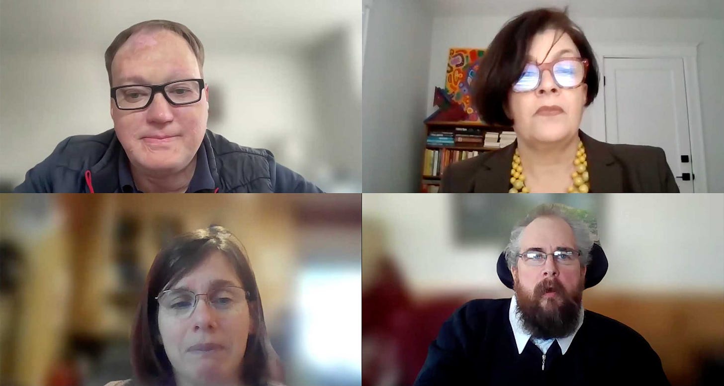 Screenshot from Zoom call of John Morris and three guests from New England ADA Center.